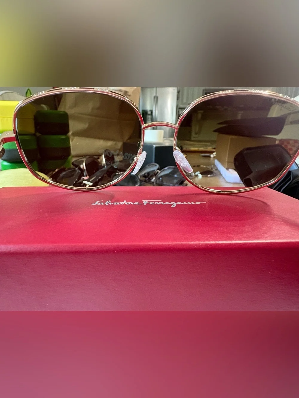 Salvatore Ferragamo Gold Metal Frame Sunglasses with Green Gradient Lenses